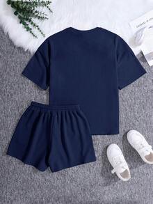 SHEIN 少女针织休闲英文印花宽松T恤和短裤两件套 - 藏蓝色 - 查看 2