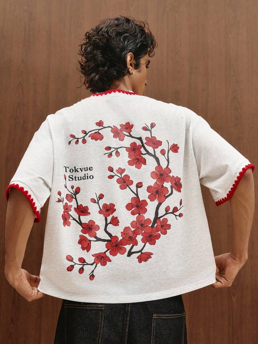 TOKVUE Áo thun ngắn tay dáng rộng phong cách Trung Quốc mới, họa tiết hoa anh đào, viền sóng, dành cho nam giới trẻ tuổi, thích hợp mặc đôi, đa năng. - Màu Xám nhạt - Xem 1