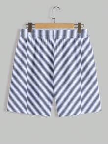 SHEIN 男士经典蓝白条纹沙滩短裤，带网眼内衬，适合海岛度假、夏威夷度假村、约会穿着 - 彩色 - 查看 6