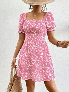 SHEIN Holidaya Women's Casual Ditsy Floral Dress For Vacation - Pink - View 3