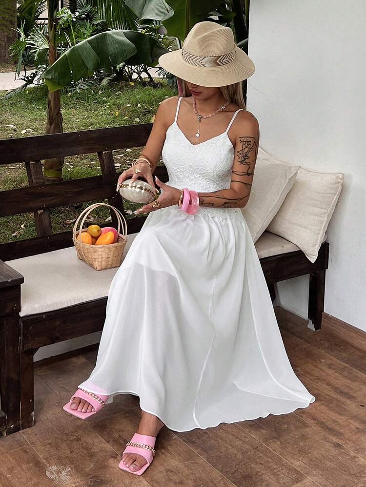 Women's Contrast Lace Elegant Spaghetti Strap Dress Sun Dresses For Women
