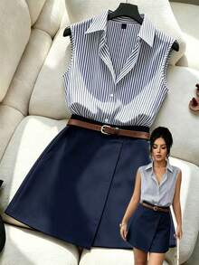 GlowEve Women's Blue & White Striped Collared Sleeveless Shirt And High Waist Suit Skirt Commuter Set - Blue - View 6