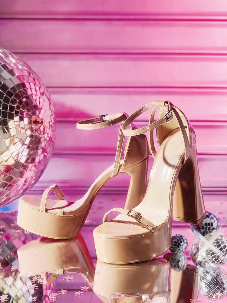 CUCCOO LuxiPop Spring And Summer New Design Thick Heel High Heel Elegant Temperament Simple Sexy Women Apricot Mirror Pu Material Hollow Ankle Strap High Heel Slingbacks Dress Shoes Dating Afternoon Tea Party Valentine's Day Elegant Wear
