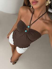 Aloruh Spring/Summer New Sexy Boho Music Festival Party Vacation Brown Beaded Hollow Asymmetrical Hem Halter Neck Backless Tank Top Halter Neck Top Brown Strapless Top Womens Tops Elegant Top For Woman - Brown - View 8