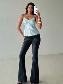 Aloruh Women's Elegant Sexy Lace Patchwork Satin Camisole - Baby Blue - View 7