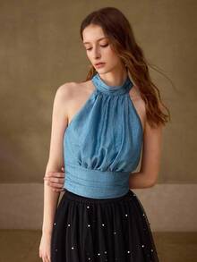 MOTF PREMIUM TOP SIN MANGAS CON CUELLO DE HALTER PLISADO PARA MUJER - Azul Marino - Ver 4