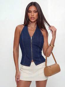 Avantive Áo denim nữ kiểu dáng thường ngày, hở lưng, cổ yếm, đa năng. - Rửa tối - Xem 4