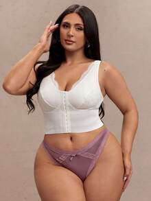 SHEIN BAE 1件加大码女士蕾丝拼接丁字裤 - 紫紅色 - 查看 4