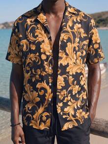 Palasendo Men's Baroque Print Short Sleeve Shirt & Shorts Beach Outfit Set Man Swim Trunks - Black - View 6