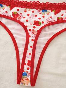 Strawberry Shortcake X SHEIN Quần lót dây thong nữ phối ren tương phản in hình dâu tây - Hồng - Xem 5