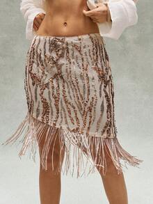 SHEIN BohoFeels Women's Sequin Tassel Design Casual Versatile Date Night Mini Skirt - Khaki - View 3