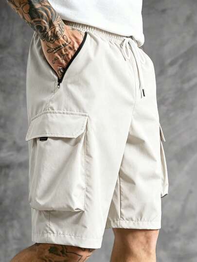 Manfinity CasualCool Men's Solid Color Drawstring Waist Wide Leg Loose Casual Shorts, Men's Multi-Pocket Work Shorts