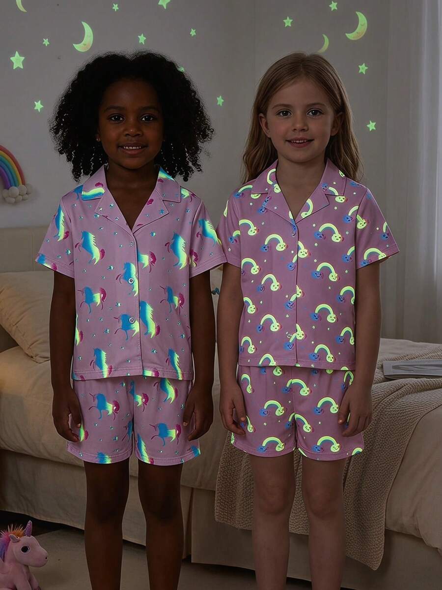 4-Piece Girls Toddler Pajama Set Notch Lapel Short Sleeve Shorts Summer Daily Pink Multicolor Rainbow Unicorn Cartoon Print Glow-In-The-Dark Effect Homewear Nightwear Soft Skin-Friendly Knit Fabric Comfortable Stylish Breathable Cozy Loungewear Adorable High-Quality Sleepwear Casual Kids Clothing - Pink - View 1