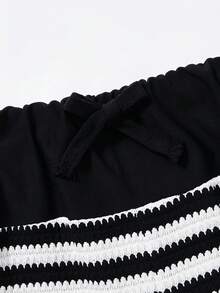 SHEIN 少女夏季休闲度假针织条纹撞色腰部宽松裤 - 黑與白 - 查看 4