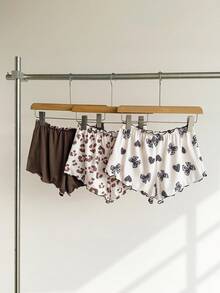 SHEIN 3 piezas Pantalones cortos de punto acanalado con estampado de leopardo y volantes en el bajo, cómodos para estar en casa para mujeres - Multicolor - Ver 2