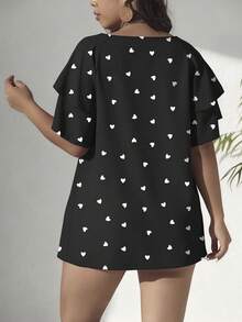 SHEIN CURVE+ 大码女式优雅春夏休闲衬衫，粉色衬衫，度假装，粉色上衣，粉色爱心印花衬衫 - 黑色 - 查看 2