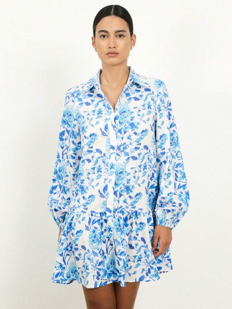 KSTM Blue Floral Mini Shirt Dress With Long Sleeves And Collared Neckline Perfect For Spring Summer Casual Day Wear