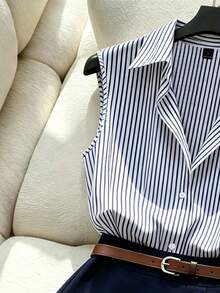 GlowEve Women's Blue & White Striped Collared Sleeveless Shirt And High Waist Suit Skirt Commuter Set - Blue - View 3