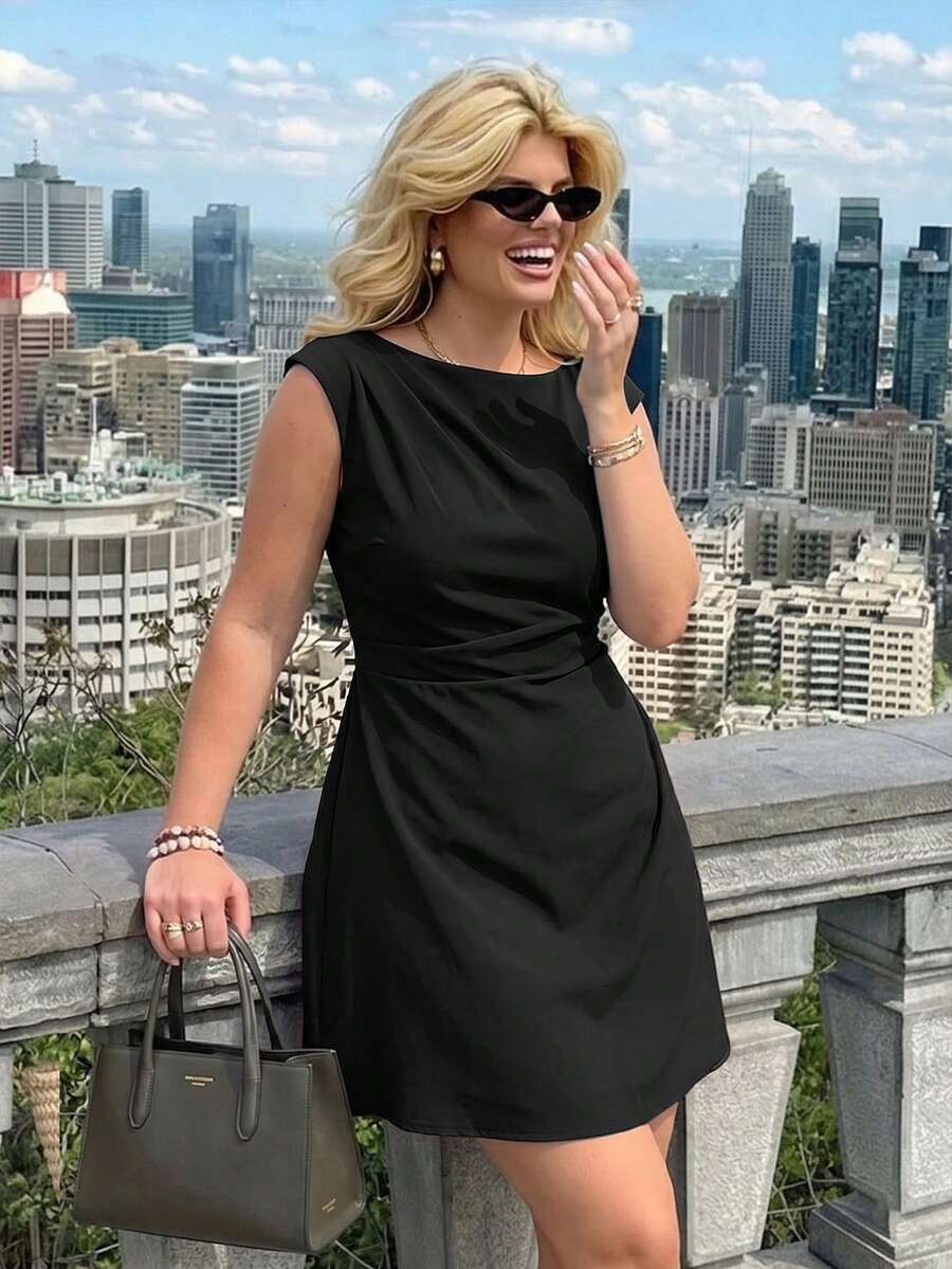 Dripcurv Vestido de mujer talla grande sin mangas con cuello en V, cintura fruncida, cuentas y cremallera trasera, vestido de punto blanco con perlas para mujer talla grande, vestido corto. Negro para fiesta - Negro - Ver 1