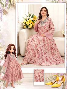 Al Najma 春季花卉印花浪漫加大码女式长袍 - 粉色 - 查看 1