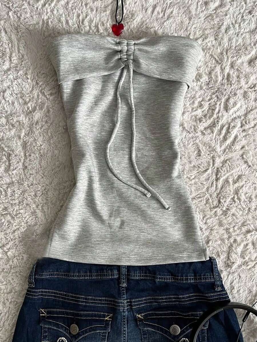Glimmora Top bandeau de unicolor minimalista con cordón delantero para mujer, verano - Gris - Ver 1