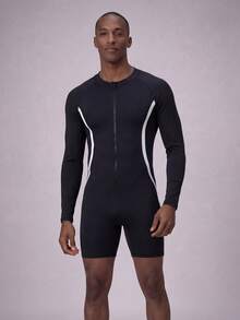 Manfinity VDAYZ Men's Raglan Sleeve Zipper Front Casual One-Piece Swimsuit Shorts - Black and White - View 3