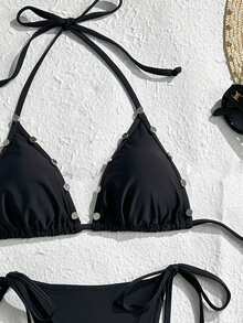 Oceva Women's Rivet Halter Tie Sexy Bikini Swimwear With Swim Shorts 3-Piece Set - Black - View 5
