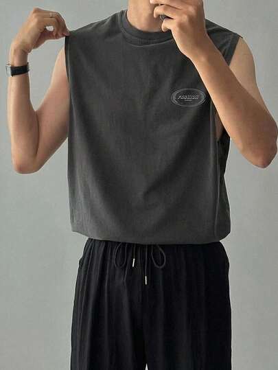 DAZY Men's Letter Print Washed Vintage Deep Grey Tank Top, Summer