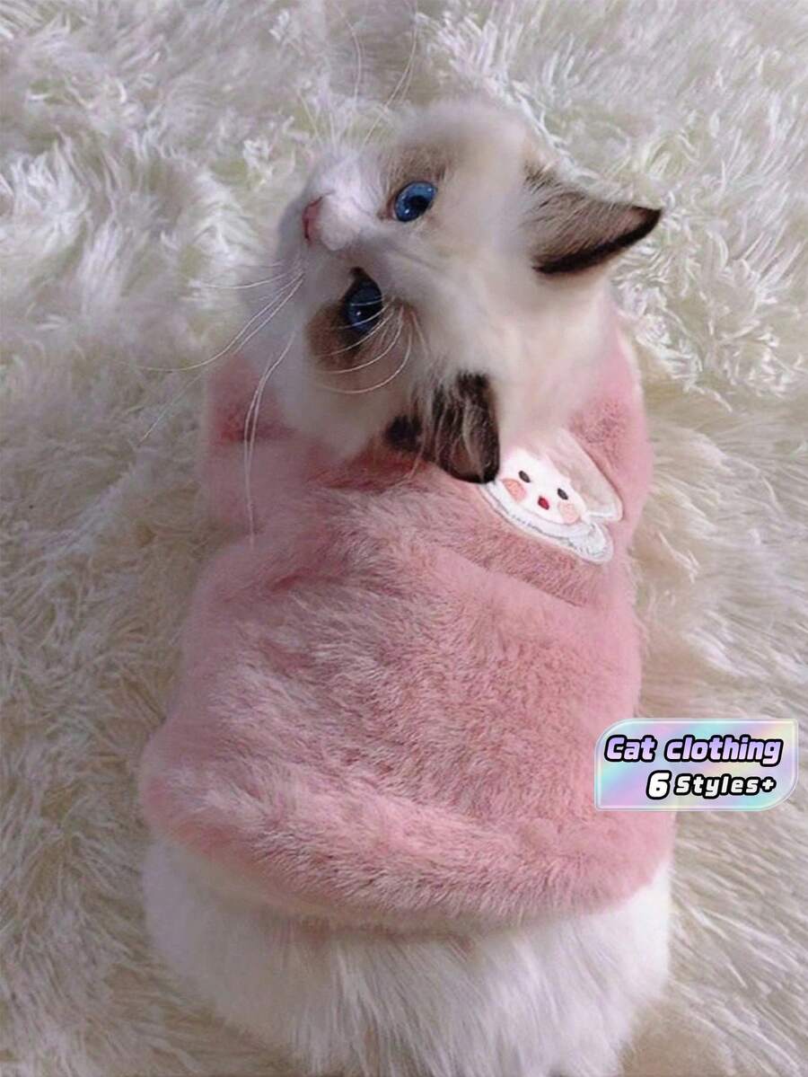 1 pieza Chaleco con bordado de patrón de cordero de franela, ropa para perros/gatos gruesa y cálida, adecuada para mascotas pequeñas/medianas - Rosa - Ver 1