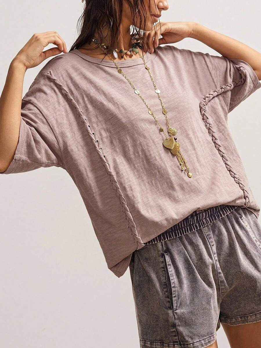 Bohemela 大码女式纯色圆领休闲百搭日常短袖T恤 - 粉色 - 查看 1