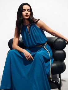 Aveloria Modichic Elegante conjunto de dos piezas de alta gama, con top sin mangas de gasa con diseño plisado y cuello halter, y falda larga asimétrica con empalme de materiales, adecuado para fiestas - Azul - Ver 7