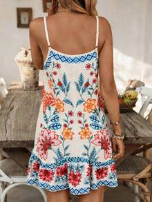 Swim Vcay Đầm đi biển nữ kiểu Bohemian in họa tiết chắp vá, vạt áo xếp ly bất đối xứng, dây đeo có thể điều chỉnh, thích hợp cho mùa hè. - Đỏ - Xem 2