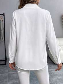 SHEIN PariChic Áo sơ mi dài tay cài cúc, cổ bẻ, thêu họa tiết sọc, kiểu dáng thường ngày. - trắng - Xem 2