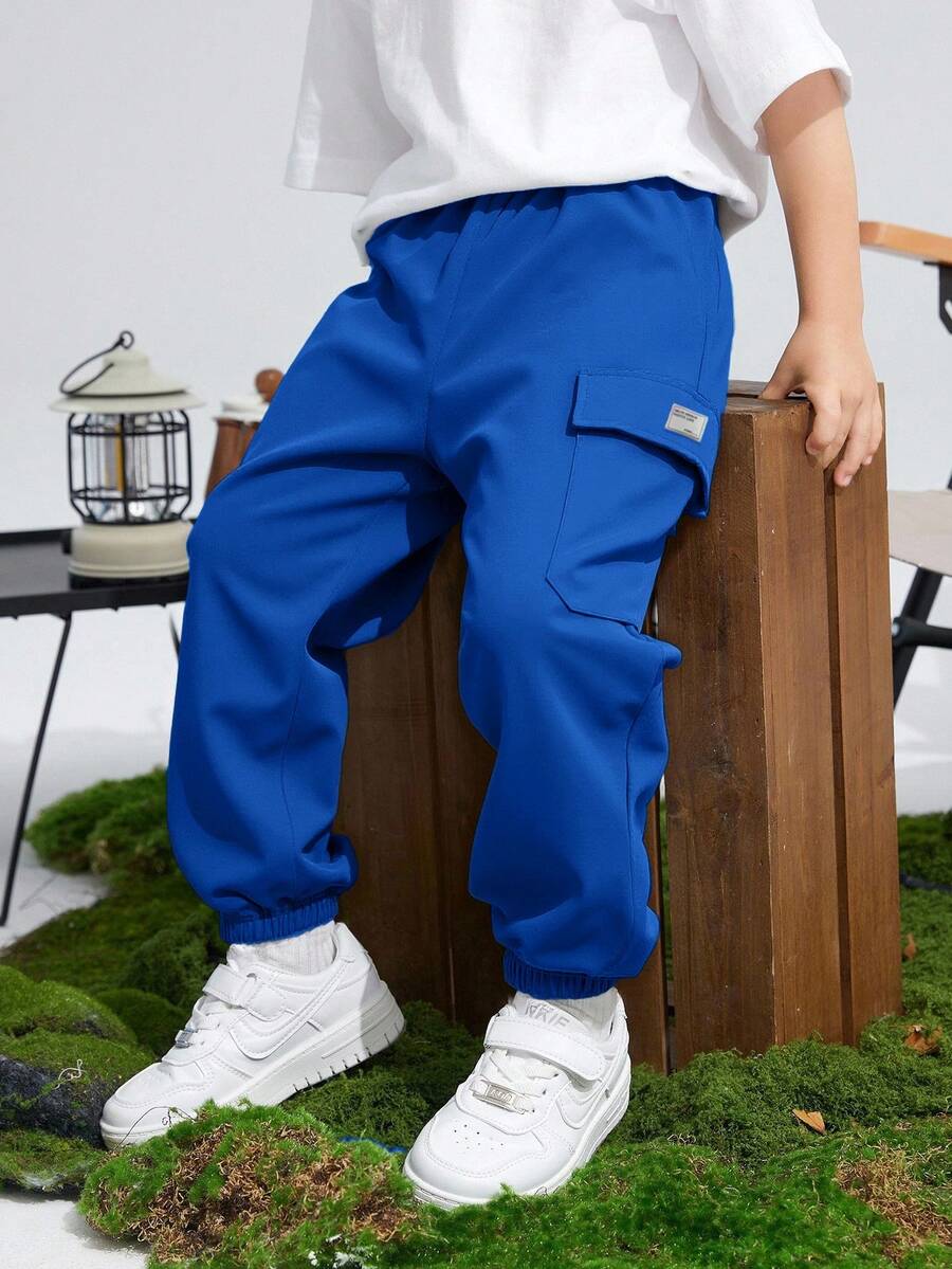 SHEIN 儿童/青少年男童休闲运动印花口袋宽松抽绳工装裤,适合通勤、上学、日常休闲、旅行、运动,春夏秋冬皆宜。 - 寶藍色 - 查看 1