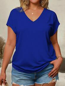 EMERY ROSE Camiseta de manga corta con cuello en V de talla grande, diseño de manga de murciélago - Multicolor - Ver 5