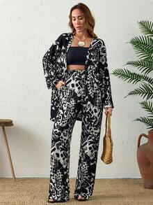 Black & White Abstract Print Kimono Two Pieces Set – Flowy Open Front Kimono Top And Wide Leg Pants - Black and White - View 7