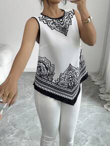 Selianne Women's White Print Sleeveless Tank Top,Round Neck Lightweight Summer Elegant Basic Work Golf Blouse,Suitable For Casual,Vacation,Beach,Office,Holiday - Black and White - View 3