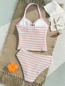 SHEIN Teen Girls' Pink & White Striped Textured Halter Tankini Top, Suitable For Swimming, Vacation, Beach Wear, Children's Swimsuit Set, Summer Holiday - Pink - View 2