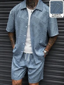 Manfinity Homme Men's Cut-Out Fabric Front Button Short Sleeve Shirt And Drawstring Waist Shorts Set - Multicolor - View 5