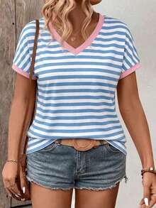 EMERY ROSE Curved New Hot Selling Contrasting Pink Collar Light Blue Stripe V-Neck Women's T-Shirt - Multicolor - View 1