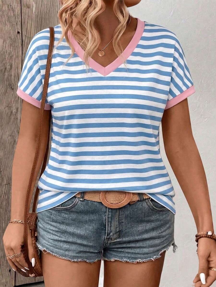 EMERY ROSE Curved New Hot Selling Contrasting Pink Collar Light Blue Stripe V-Neck Women's T-Shirt - Multicolor - View 1