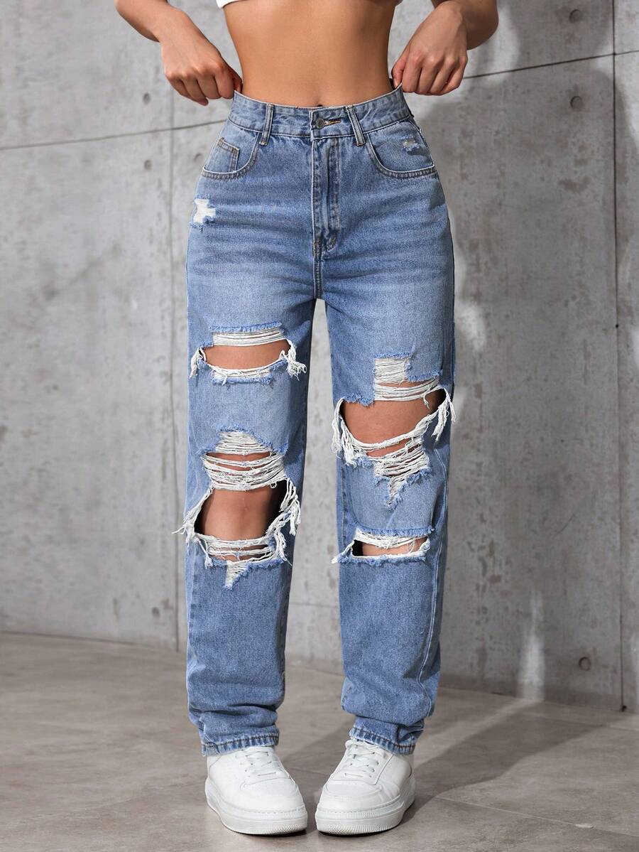 SHEIN ICON Plus Size Women's Summer Cow Girl Distressed Denim Jeans - Blue - View 1