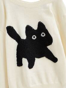 ROMWE Kawaii Pull surdimensionné à l'épaule oblique avec motif mignon de chat brodé, décontracté pour les adolescentes - Blanc - Voir 3