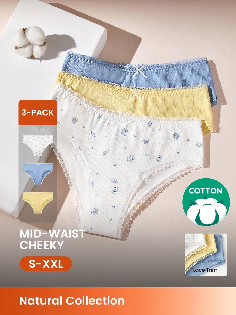 3-Pack Soft Cotton Basic Floral Print Lace Trim Mid-Waist Underwear Cheeky-White - Multicolor - View 1