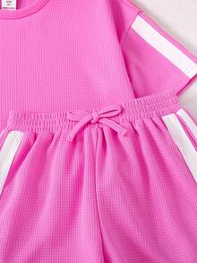 Kids/Young Girl Knitted Solid Color Round Neck Loose Fit Side Contrast Stripe T-Shirt And Shorts Set, Light Pink - Pink - View 4
