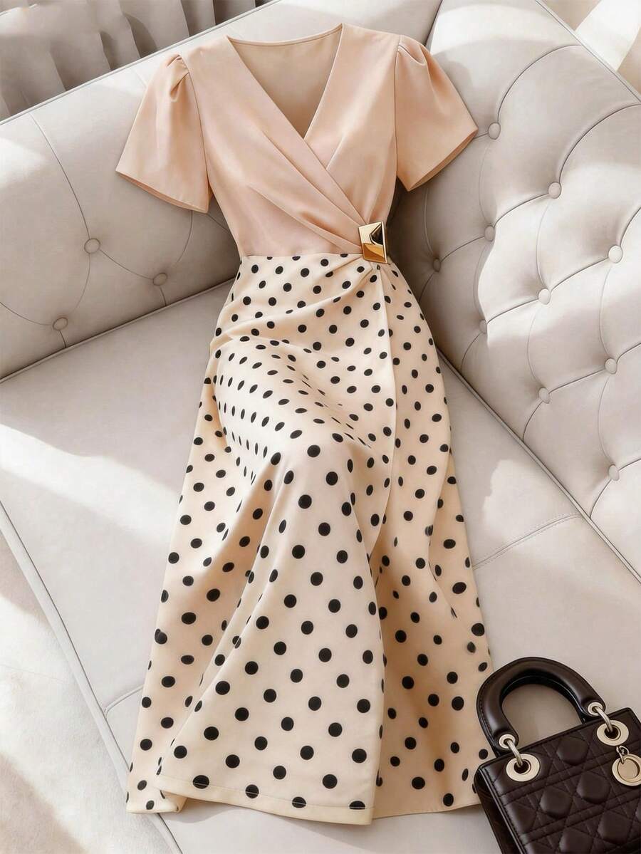 SHEIN Franclia Vestido largo con cuello en V, fruncido y con bloques de color y lunares, de moda para citas y fiestas - Albaricoque - Ver 1