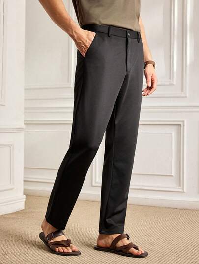 Officeau Men's Classic Printed Dress Pants, Solid Color Elastic Trousers For Spring/Summer Business Occasions, Elegant Luxury Style, Men's Pants
