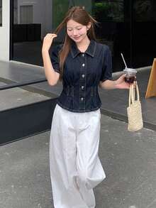 DAZY Atasan Denim Kasual Pas Badan Gaya Korea untuk Wanita, Musim Panas - Biru - View 5