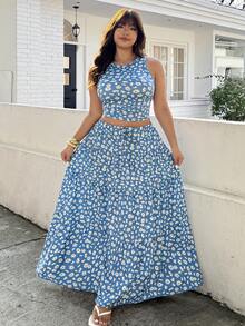 SHEIN EZwear 大码女式夏季雏菊印花修身露脐背心和迷你裙两件套 - 彩色 - 查看 4