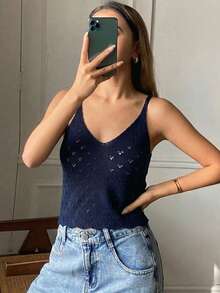 DAZY 女士纯色镂空V领短袖优雅度假夏季吊带背心 - 藍色 - 查看 3